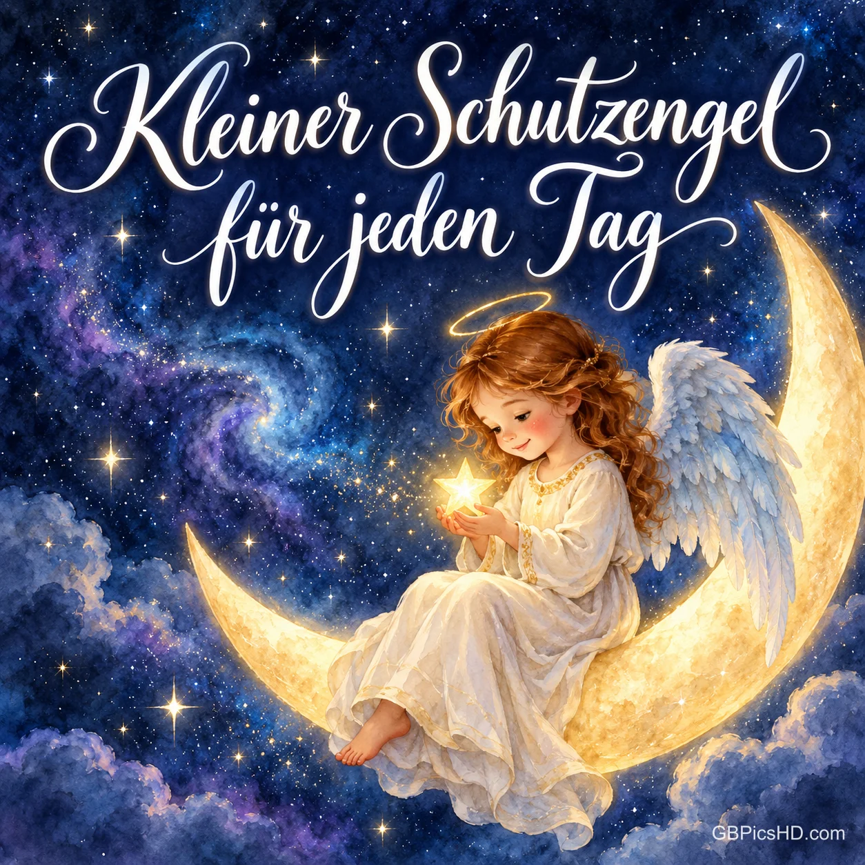 Illustrierter kleiner Engel mit Heiligenschein sitzt auf einer Mondsichel im Sternenhimmel und hält einen leuchtenden Stern, dazu "Kleiner Schutzengel für jeden Tag" Illustrierter kleiner Engel mit Heiligenschein sitzt auf einer Mondsichel im Sternenhimmel und hält einen leuchtenden Stern, dazu "Kleiner Schutzengel für jeden Tag"