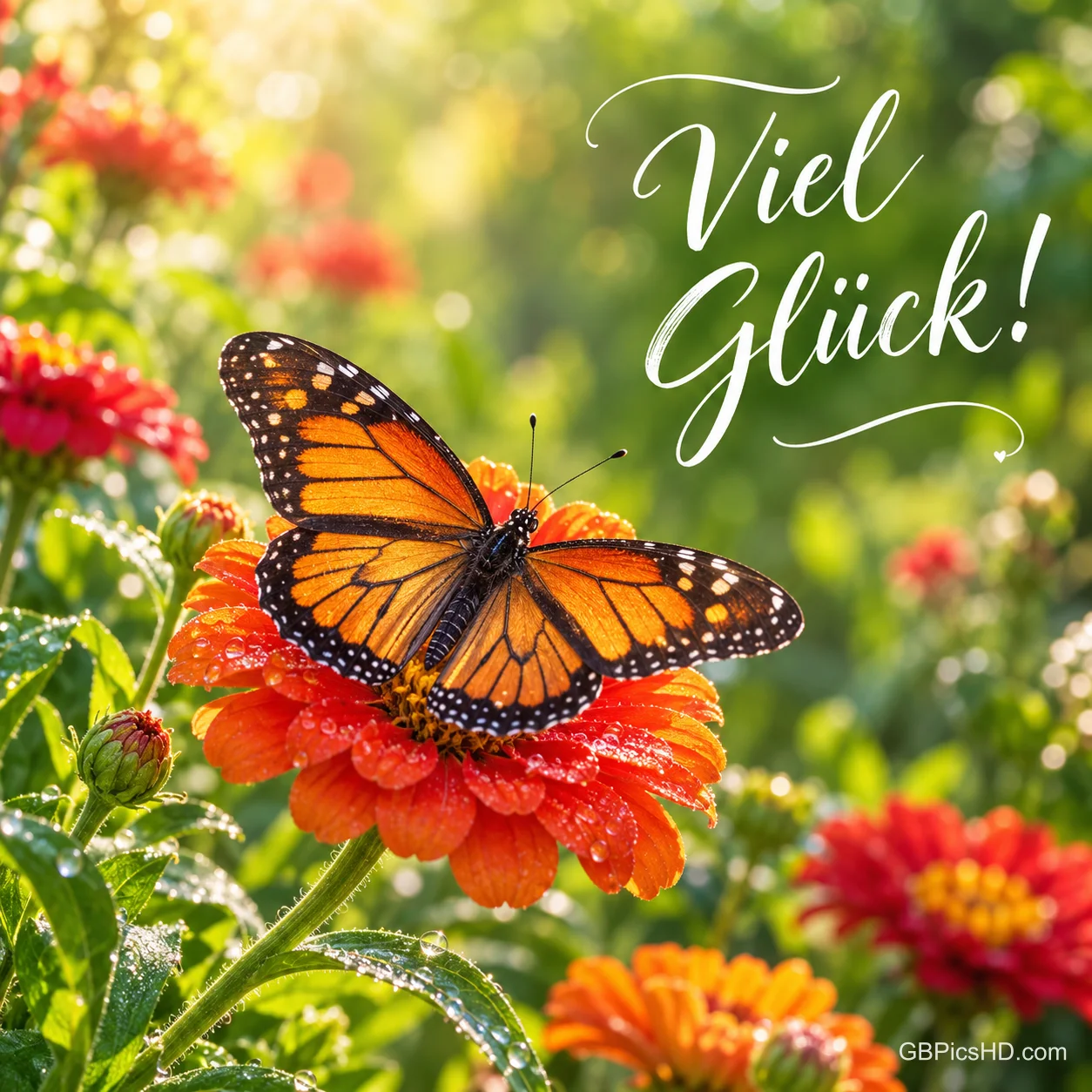 Monarchfalter auf einer orangeroten Zinnie im sonnigen Blumengarten mit dem Schriftzug "Viel Glück!" Monarchfalter auf einer orangeroten Zinnie im sonnigen Blumengarten mit dem Schriftzug "Viel Glück!"