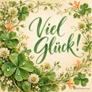Aquarell-Kranz aus Kleeblättern und Kleeblüten auf cremefarbenem Papier mit grünem Schriftzug "Viel Glück!"