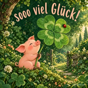 Illustriertes Glücksschwein hält ein großes vierblättriges Kleeblatt mit Marienkäfer in einer grünen Wiese, dazu "Sooo viel Glück!"