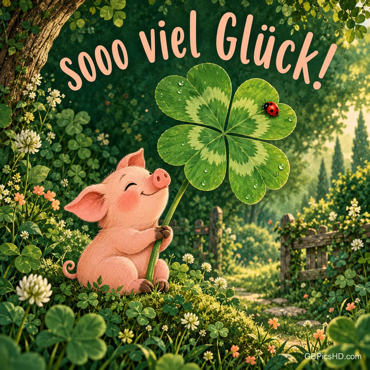 Illustriertes Glücksschwein hält ein großes vierblättriges Kleeblatt mit Marienkäfer in einer grünen Wiese, dazu "Sooo viel Glück!" Illustriertes Glücksschwein hält ein großes vierblättriges Kleeblatt mit Marienkäfer in einer grünen Wiese, dazu "Sooo viel Glück!"