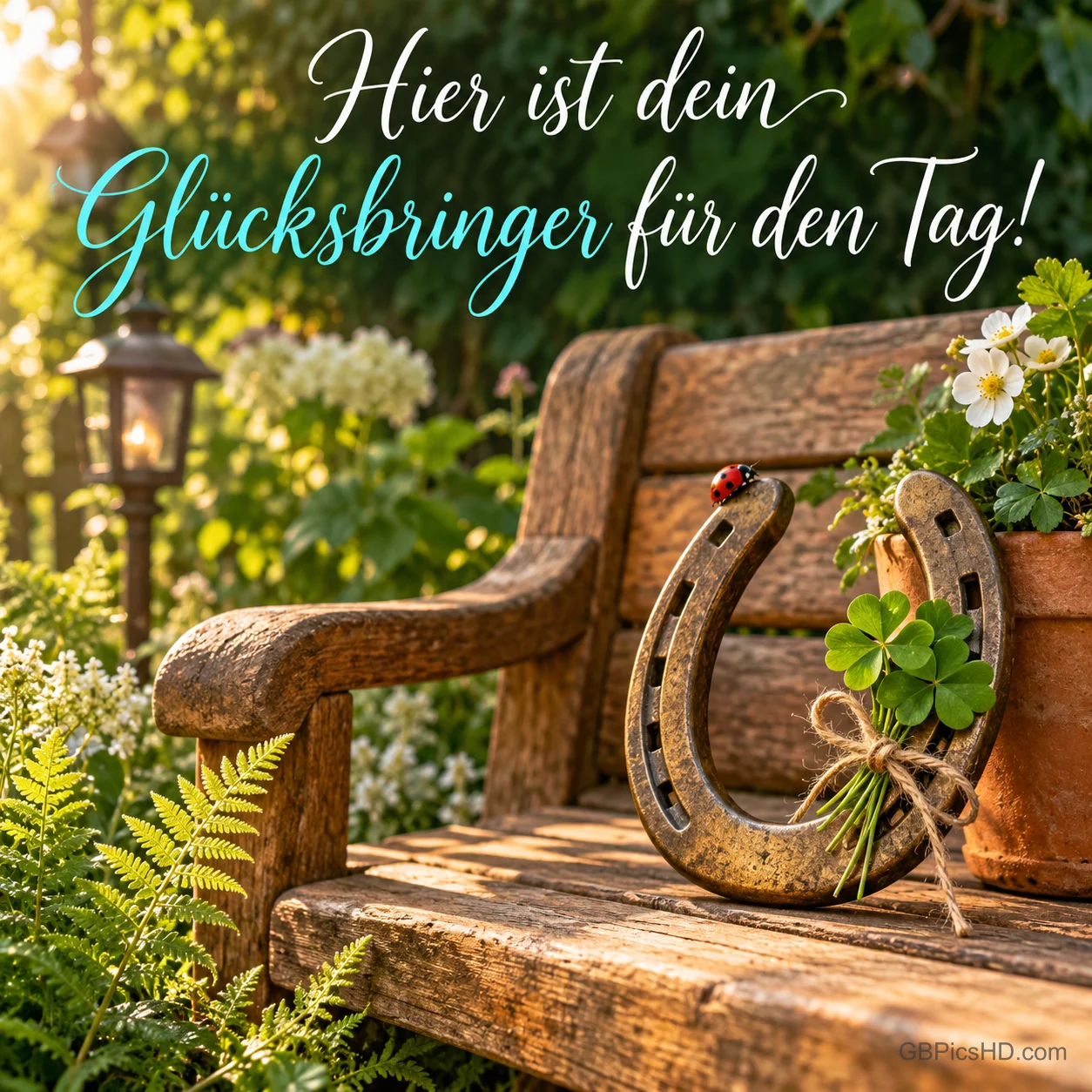 Ein Hufeisen mit Klee und Marienkäfer steht auf einer Gartenbank unter "Hier ist dein Glücksbringer für den Tag!". Ein Hufeisen mit Klee und Marienkäfer steht auf einer Gartenbank unter "Hier ist dein Glücksbringer für den Tag!".