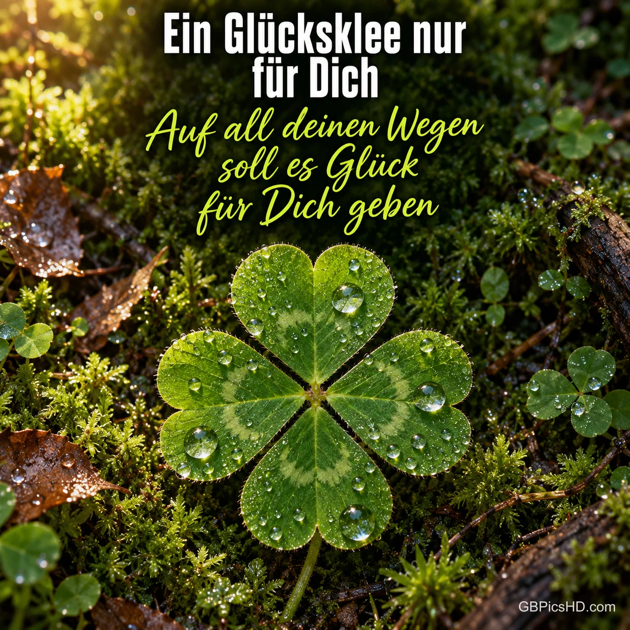 Ein vierblättriges Kleeblatt mit Tautropfen auf moosigem Waldboden, darüber "Ein Glücksklee nur für Dich" und "Auf all deinen Wegen soll es Glück für Dich geben". Ein vierblättriges Kleeblatt mit Tautropfen auf moosigem Waldboden, darüber "Ein Glücksklee nur für Dich" und "Auf all deinen Wegen soll es Glück für Dich geben".