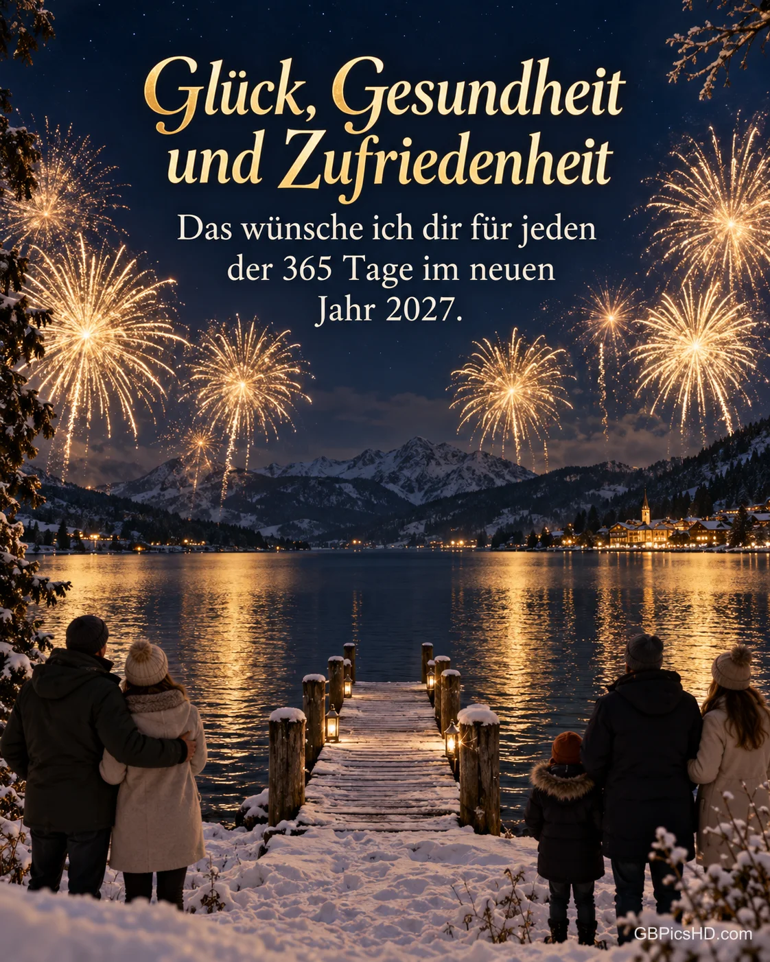 Goldenes Feuerwerk über einem verschneiten See mit Holzsteg, Menschen schauen vom Ufer aus zu, dazu "Glück, Gesundheit und Zufriedenheit".