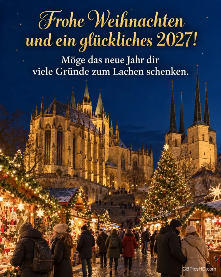 Der Weihnachtsmarkt auf dem Erfurter Domplatz mit Dom und Severikirche bei Nacht, dazu „Frohe Weihnachten und ein glückliches 2027!“.