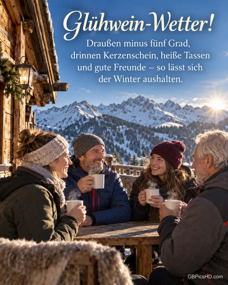 Freunde verschiedenen Alters stehen mit dampfenden Tassen auf der Terrasse einer Berghütte in den bayerischen Alpen, dazu "Glühwein-Wetter!".