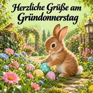 Osterhase mit bemalten Ostereiern in einem blühenden Frühlingsgarten mit Rosenbogen und Rotkehlchen, dazu "Herzliche Grüße am Gründonnerstag"