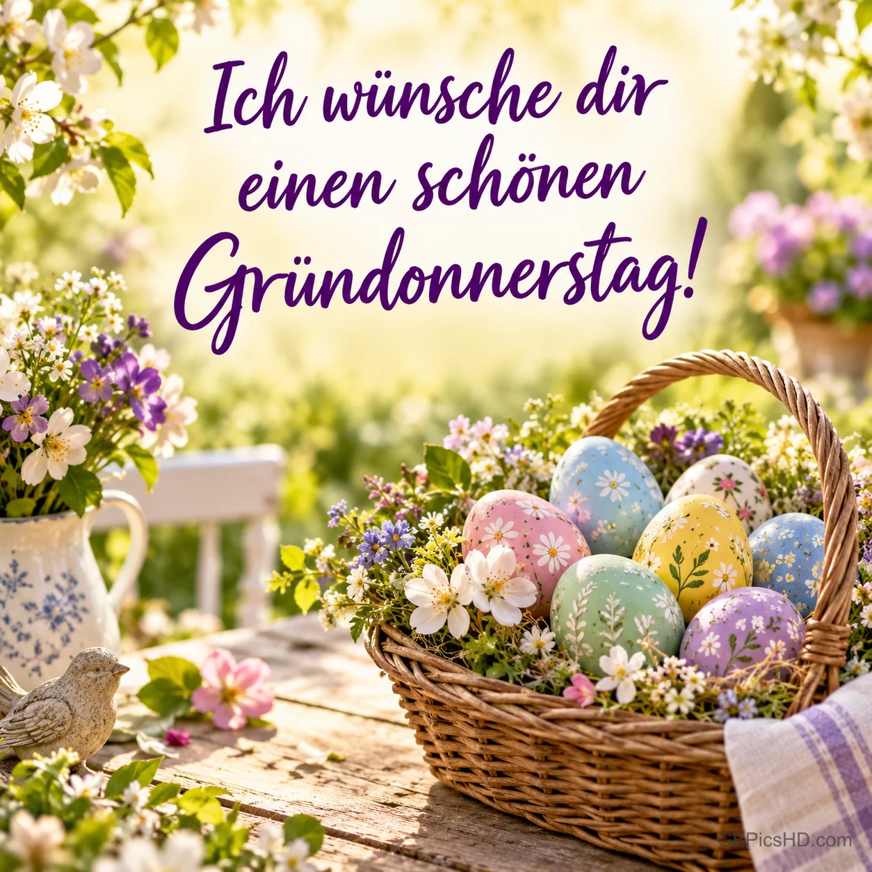 Weidenkorb mit pastellfarbenen Ostereiern und Frühlingsblumen auf einem Gartentisch im Sonnenlicht und dem Text "Ich wünsche dir einen schönen Gründonnerstag!" Weidenkorb mit pastellfarbenen Ostereiern und Frühlingsblumen auf einem Gartentisch im Sonnenlicht und dem Text "Ich wünsche dir einen schönen Gründonnerstag!"