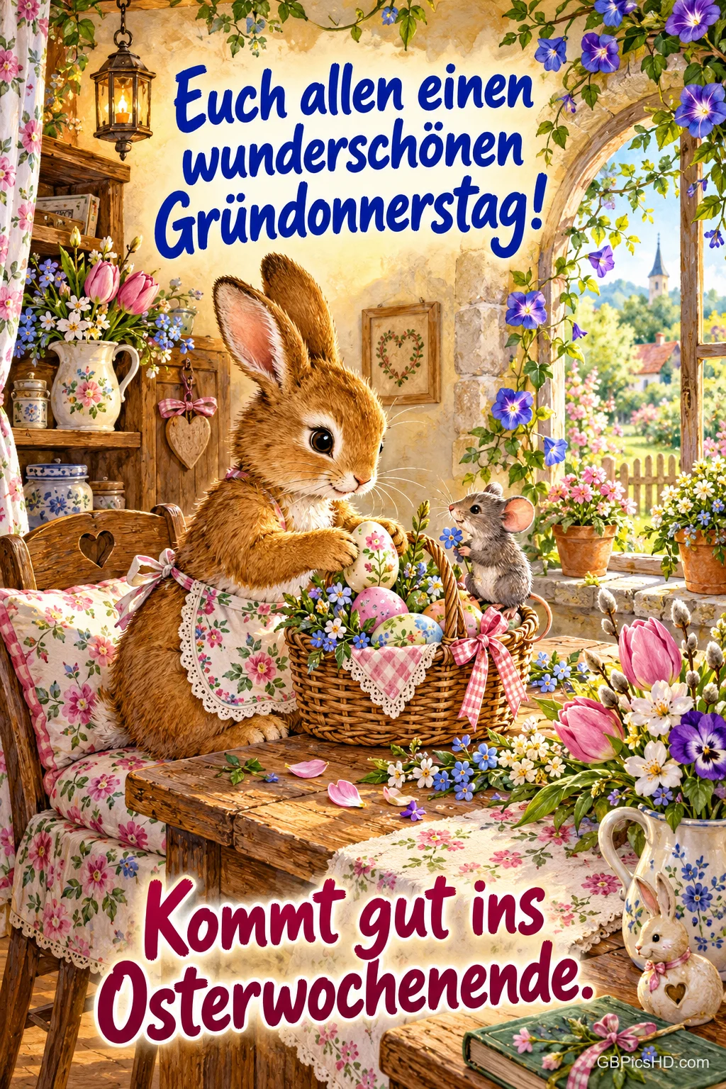 Hase und kleine Maus mit Osterkorb in einer gemütlichen Landhausküche mit Blumen, dazu "Euch allen einen wunderschönen Gründonnerstag! Kommt gut ins Osterwochenende." Hase und kleine Maus mit Osterkorb in einer gemütlichen Landhausküche mit Blumen, dazu "Euch allen einen wunderschönen Gründonnerstag! Kommt gut ins Osterwochenende."