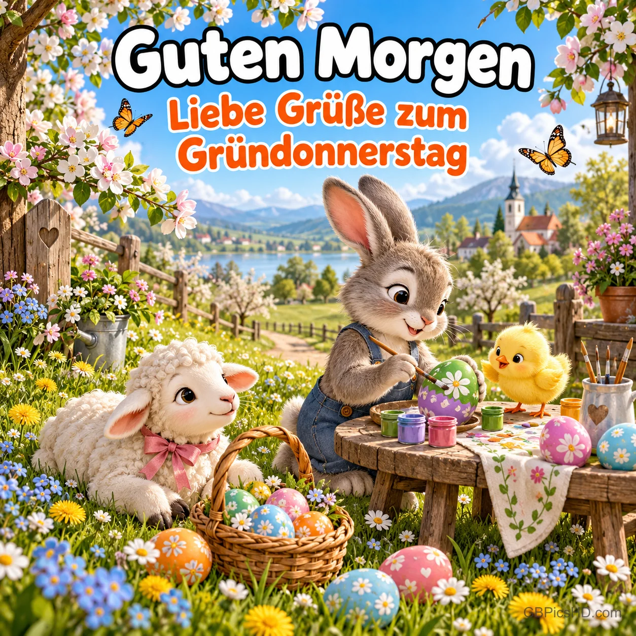 Hase bemalt Ostereier an einem Gartentisch, daneben ein Lämmchen mit rosa Schleife und ein Küken auf einer Blumenwiese, dazu "Guten Morgen – Liebe Grüße zum Gründonnerstag" Hase bemalt Ostereier an einem Gartentisch, daneben ein Lämmchen mit rosa Schleife und ein Küken auf einer Blumenwiese, dazu "Guten Morgen – Liebe Grüße zum Gründonnerstag"