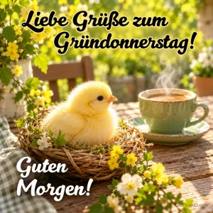 Flauschiges Küken im Nest neben einer dampfenden Kaffeetasse auf einem Gartentisch mit gelben Frühlingsblumen, dazu "Liebe Grüße zum Gründonnerstag! Guten Morgen!"
