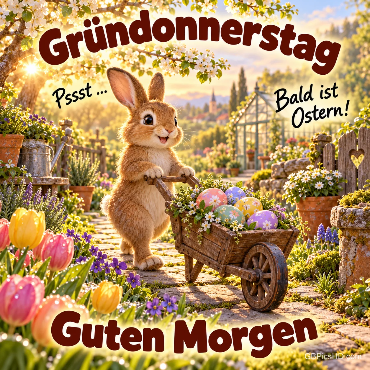 Ein Hase schiebt bunte Eier durch einen Frühlingsgarten unter "Gründonnerstag" und "Guten Morgen". Ein Hase schiebt bunte Eier durch einen Frühlingsgarten unter "Gründonnerstag" und "Guten Morgen".