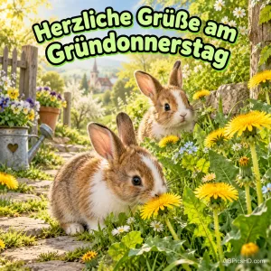 Zwei Hasen zwischen gelbem Löwenzahn in einem sonnigen Bauerngarten mit Gießkanne, dazu "Herzliche Grüße am Gründonnerstag"