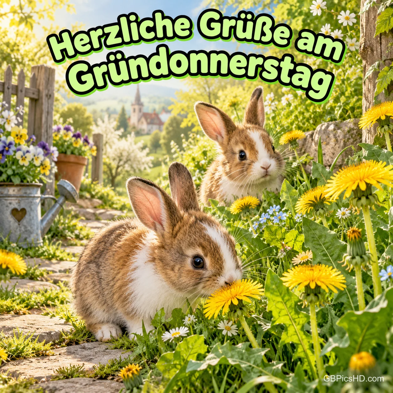 Zwei Hasen zwischen gelbem Löwenzahn in einem sonnigen Bauerngarten mit Gießkanne, dazu "Herzliche Grüße am Gründonnerstag" Zwei Hasen zwischen gelbem Löwenzahn in einem sonnigen Bauerngarten mit Gießkanne, dazu "Herzliche Grüße am Gründonnerstag"