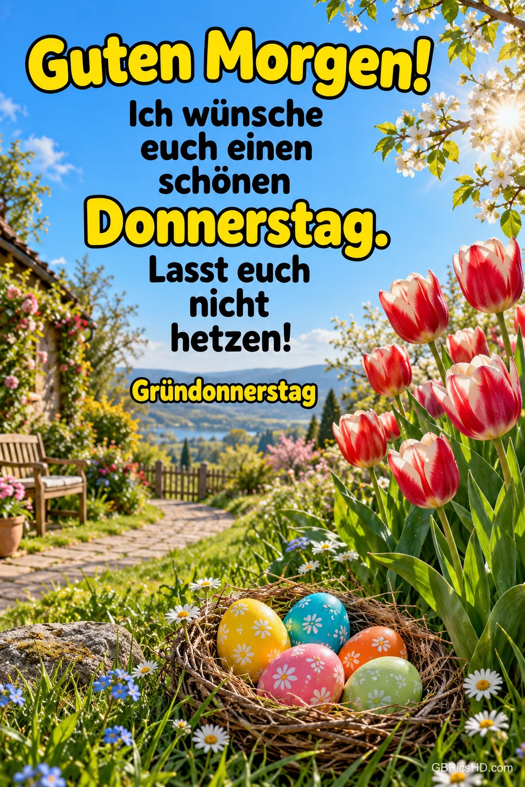 Nest mit bunten Ostereiern neben roten Tulpen an einem Gartenweg unter blauem Himmel, dazu "Guten Morgen! Ich wünsche euch einen schönen Donnerstag. Lasst euch nicht hetzen!" Nest mit bunten Ostereiern neben roten Tulpen an einem Gartenweg unter blauem Himmel, dazu "Guten Morgen! Ich wünsche euch einen schönen Donnerstag. Lasst euch nicht hetzen!"