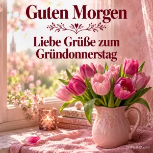 Rosa Tulpen in einem Krug am Fenster neben einem Windlicht und Büchern, dazu "Guten Morgen – Liebe Grüße zum Gründonnerstag"