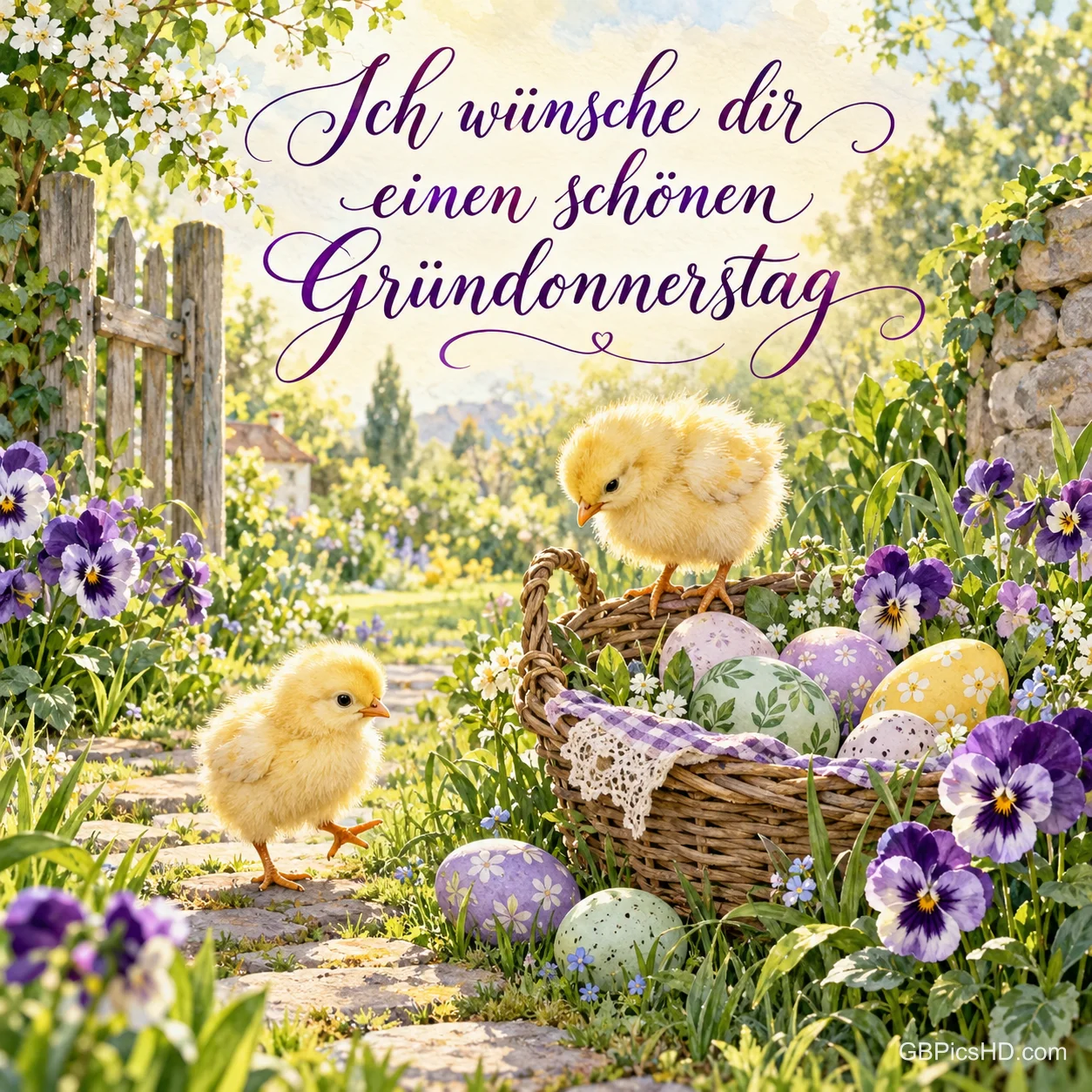 Zwei Küken mit einem Korb voller Ostereier zwischen lila Stiefmütterchen auf einem Gartenweg, dazu "Ich wünsche dir einen schönen Gründonnerstag" Zwei Küken mit einem Korb voller Ostereier zwischen lila Stiefmütterchen auf einem Gartenweg, dazu "Ich wünsche dir einen schönen Gründonnerstag"