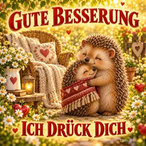 Zwei Igel umarmen sich in einem sonnigen Garten mit Blumen, einem Korbsessel und "Gute Besserung Ich drück dich".