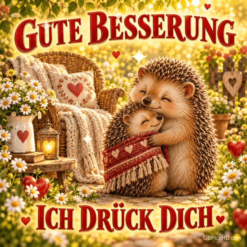 Zwei Igel umarmen sich in einem sonnigen Garten mit Blumen, einem Korbsessel und "Gute Besserung Ich drück dich".
