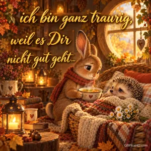 Ein Hase bringt einem zugedeckten Igel eine Tasse in einer Herbststube mit "Ich bin ganz traurig, weil es dir nicht gut geht...".