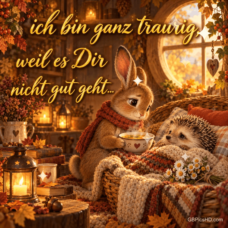 Ein Hase bringt einem zugedeckten Igel eine Tasse in einer Herbststube mit "Ich bin ganz traurig, weil es dir nicht gut geht...".
