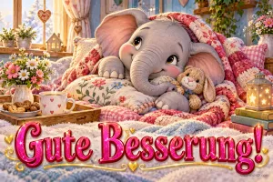 Ein grauer Elefant kuschelt mit einem Stoffhasen unter einer Blümchendecke im sonnigen Zimmer; darunter steht "Gute Besserung!".