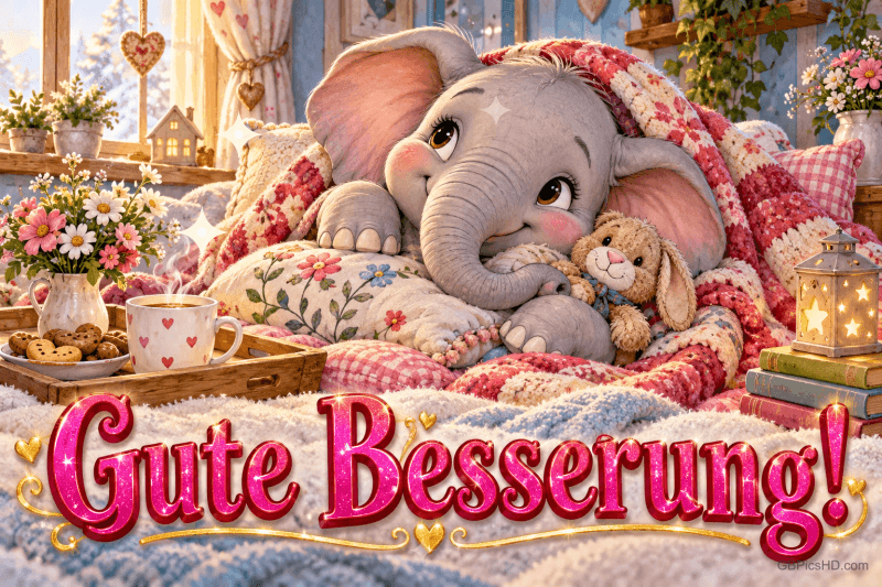 Ein grauer Elefant kuschelt mit einem Stoffhasen unter einer Blümchendecke im sonnigen Zimmer; darunter steht "Gute Besserung!".