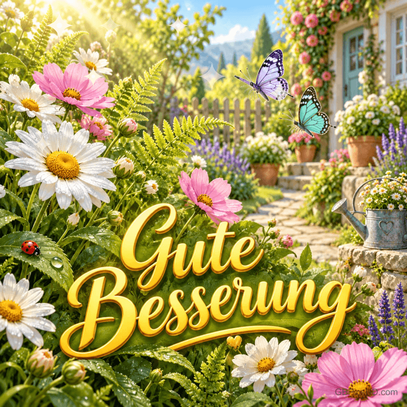 Ein sonniger Blumengarten mit zwei Schmetterlingen, einem Marienkäfer, einer Gießkanne und dem Gruß "Gute Besserung".