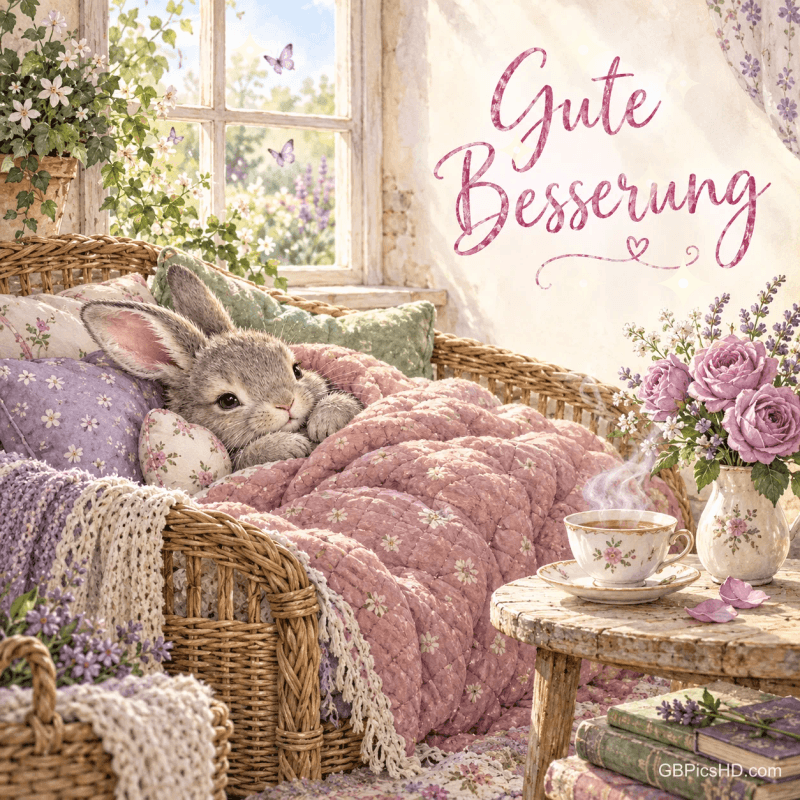 Ein Hase liegt unter einer rosa Decke im Korbsessel neben Tee und Rosen mit dem Gruß "Gute Besserung".