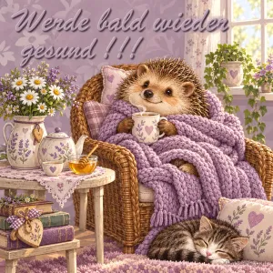 Ein Igel hält eine Tasse unter einer lila Decke, davor schläft eine Katze, darüber steht "Werde bald wieder gesund!!!".