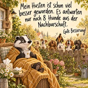 Ein Dachs sitzt mit Tasse und gelber Decke im Garten, acht Hunde stehen am Zaun unter dem Gruß "Gute Besserung!".