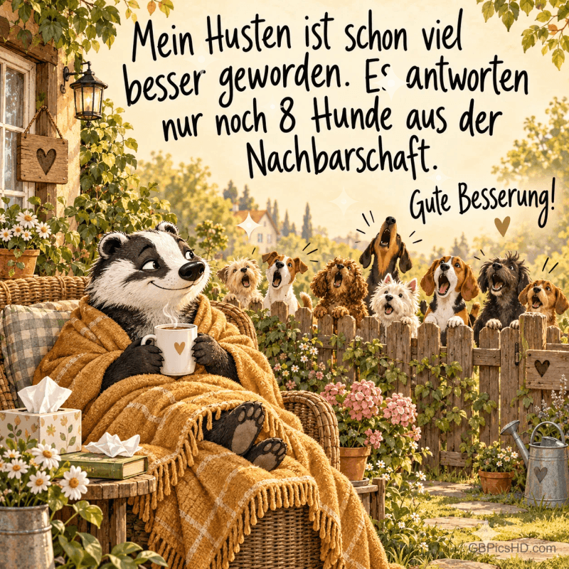 Ein Dachs sitzt mit Tasse und gelber Decke im Garten, acht Hunde stehen am Zaun unter dem Gruß "Gute Besserung!".