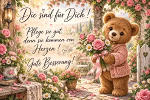 Ein gezeichneter Bär hält eine Blume vor rosa Rosen und zwei Herzen mit dem Gruß "Die sind für Dich!".