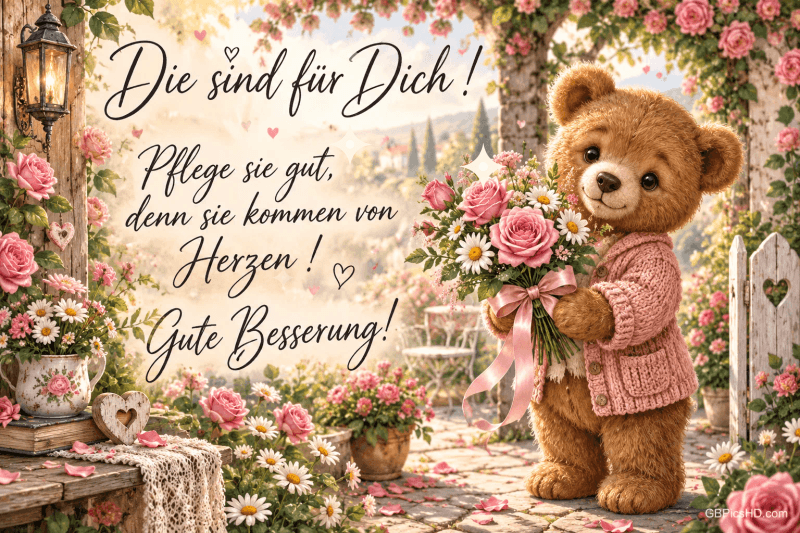 Ein gezeichneter Bär hält eine Blume vor rosa Rosen und zwei Herzen mit dem Gruß "Die sind für Dich!".
