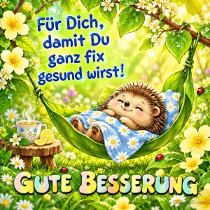 Ein Igel ruht unter einer blauen Decke in einer Blatthängematte neben Tee und Zitronen mit dem Gruß "Gute Besserung".