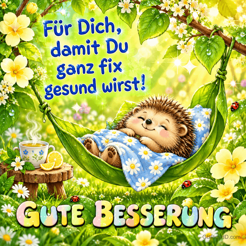Ein Igel ruht unter einer blauen Decke in einer Blatthängematte neben Tee und Zitronen mit dem Gruß "Gute Besserung".