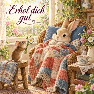 Ein Hase sitzt unter einer bunten Decke im Korbsessel, während eine Maus Blumen bringt; oben steht "Erhol dich gut".