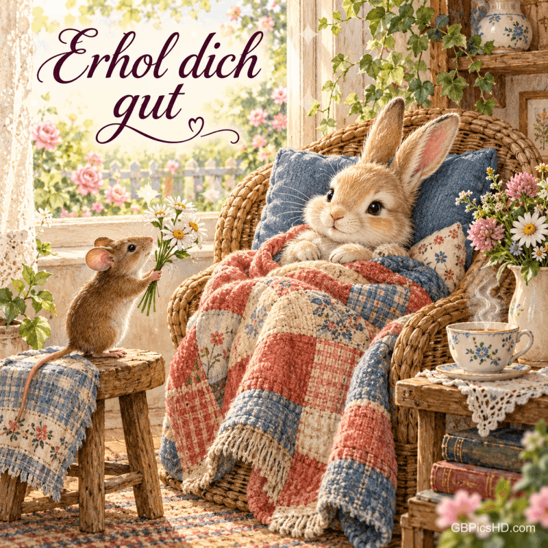 Ein Hase sitzt unter einer bunten Decke im Korbsessel, während eine Maus Blumen bringt; oben steht "Erhol dich gut".