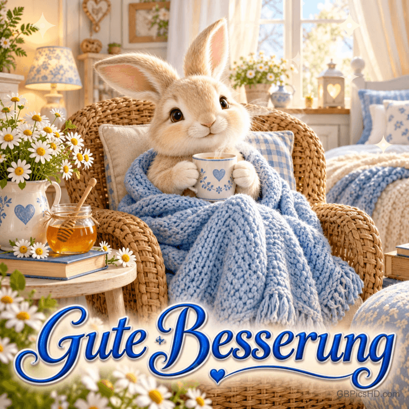 Ein Hase hält eine Tasse und sitzt unter einer blauen Strickdecke im Korbsessel mit dem Gruß "Gute Besserung".