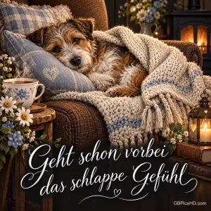 Ein Hund liegt unter einer Strickdecke im Sessel neben Tee und einem Kamin mit "Geht schon vorbei das schlappe Gefühl".