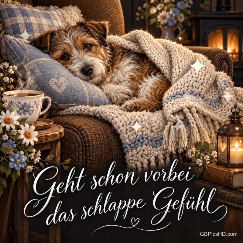 Ein Hund liegt unter einer Strickdecke im Sessel neben Tee und einem Kamin mit "Geht schon vorbei das schlappe Gefühl".