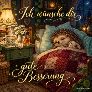 Ein Igel liegt mit einem Stoffhasen unter einer bunten Decke im Bett; darüber und darunter steht "Ich wünsche dir gute Besserung".