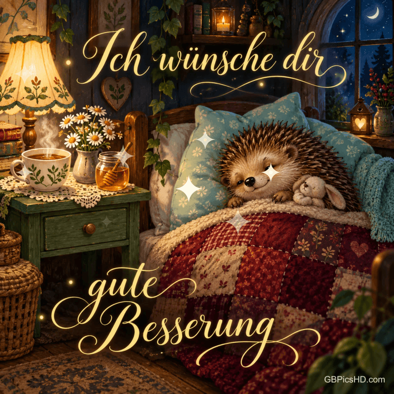 Ein Igel liegt mit einem Stoffhasen unter einer bunten Decke im Bett; darüber und darunter steht "Ich wünsche dir gute Besserung".