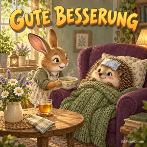 Ein Hase reicht einem Igel im Sessel eine Tasse; der Igel trägt einen Umschlag auf der Stirn, darüber steht "Gute Besserung".