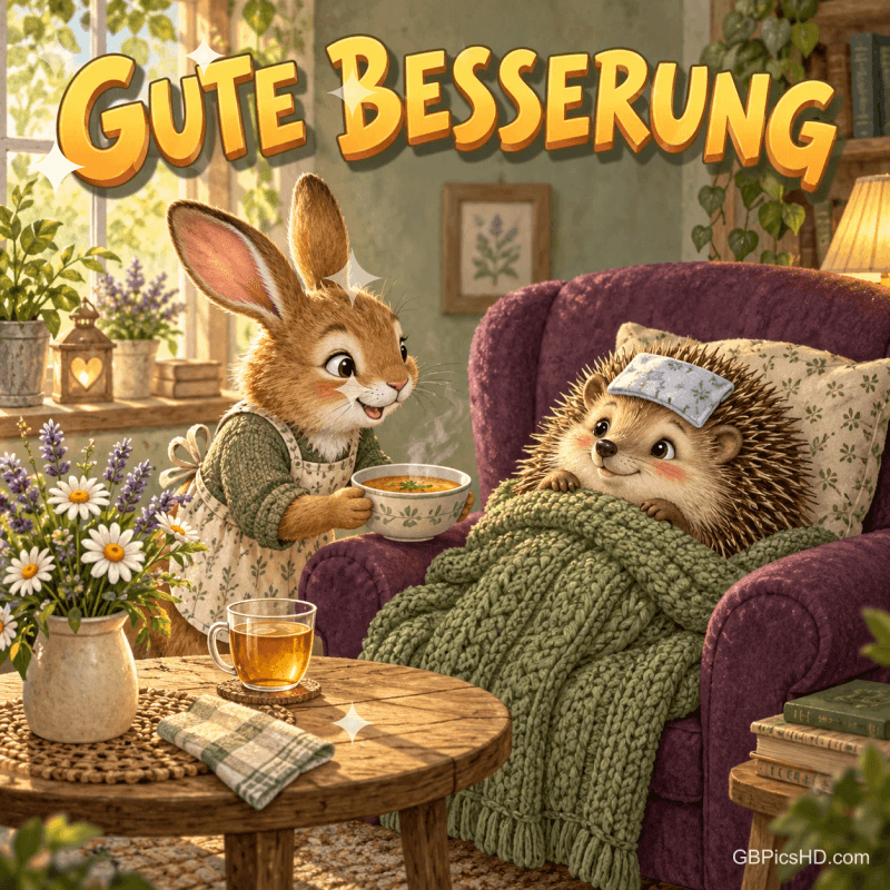 Ein Hase reicht einem Igel im Sessel eine Tasse; der Igel trägt einen Umschlag auf der Stirn, darüber steht "Gute Besserung".