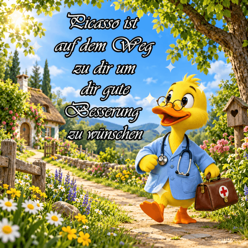 Eine gelbe Arztente mit Koffer steht auf einer Wiese neben "Picasso ist auf dem Weg zu dir, um dir gute Besserung zu wünschen".