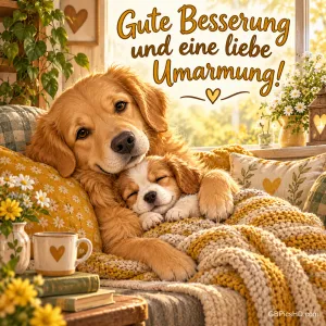 Ein großer gezeichneter Hund hält einen kleinen Hund im Arm, passend zum Gruß "Gute Besserung und eine liebe Umarmung!".