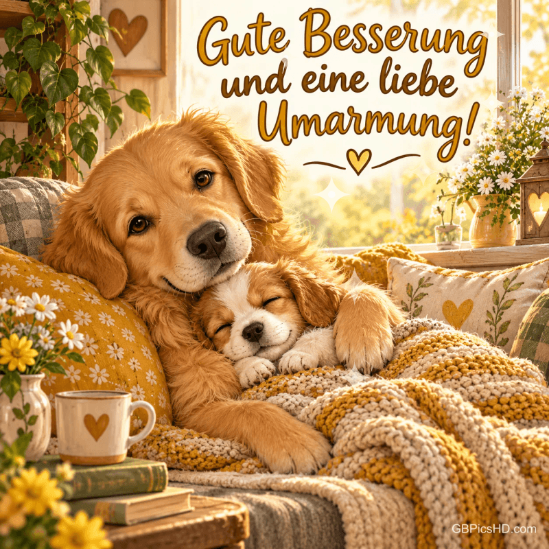 Ein großer gezeichneter Hund hält einen kleinen Hund im Arm, passend zum Gruß "Gute Besserung und eine liebe Umarmung!".