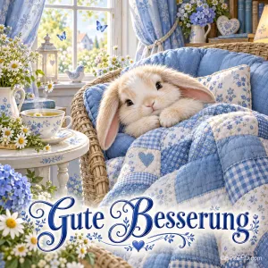 Ein kleiner Hase liegt unter einer blauen Patchworkdecke im Korbsessel, umgeben von Blumen; unten steht "Gute Besserung".