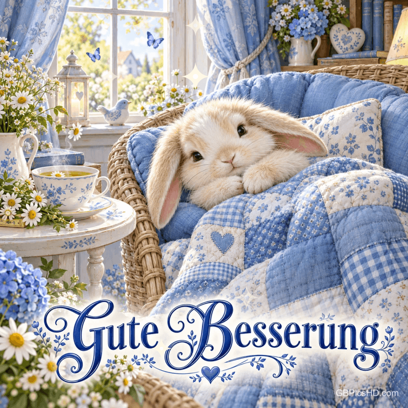 Ein kleiner Hase liegt unter einer blauen Patchworkdecke im Korbsessel, umgeben von Blumen; unten steht "Gute Besserung".